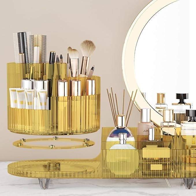 Makeup Organizer Countertop Rotating Makeup Organizer for Vanity Large Capacity Cosmetic Display Case with Makeup Brush Holder Cosmetic Organizer Countertop（Amber