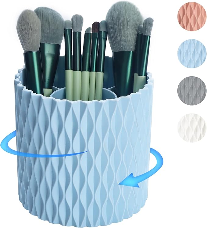 Makeup Brush Holder Organizer-360° Rotating Makeup Brush Storage,Pencil Pen Holder Cup,Desk Accessories,5 Slot Make up Brushes Cup, for Vanity Desktop Bathroom Countertop(Light Blue)