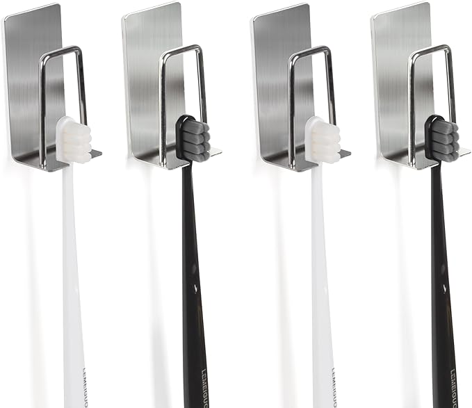 Yagoo 4 Pcs Adhesive Toothbrush Holders，304 Stainless Steel Toothbrush Holders Wall Mounted Electric Toothbrush Holder for Bathrooms Accessories (4, Silver)