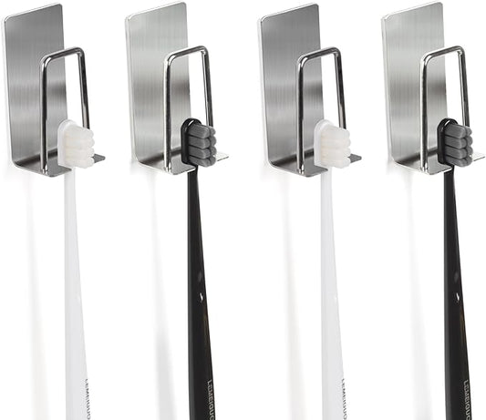 Yagoo 4 Pcs Adhesive Toothbrush Holders，304 Stainless Steel Toothbrush Holders Wall Mounted Electric Toothbrush Holder for Bathrooms Accessories (4, Silver)