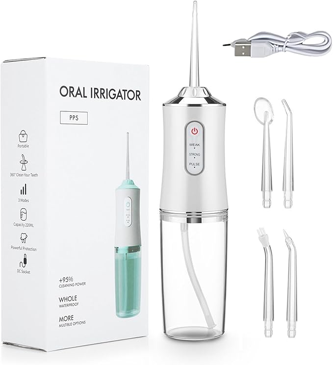 Water Dental Flosser Teeth Pick, Cordless Portable Oral Irrigator for Teeth, Dentures, and Braces 4 Modes & Jet Tips, IPX7 Waterproof (White)