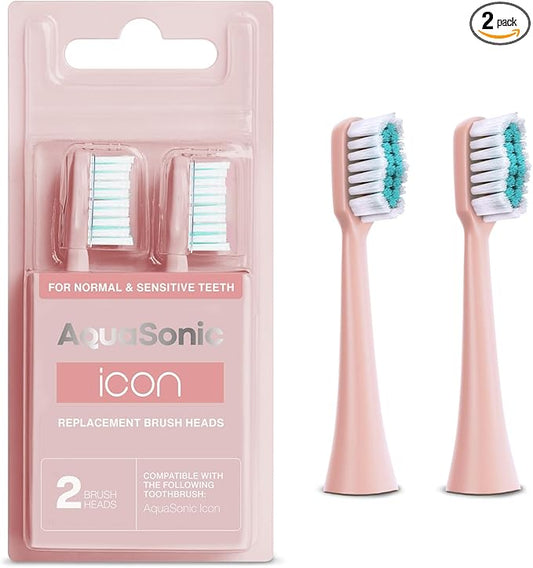 AquaSonic Genuine Icon Replacement Brush Heads | Compatible with AquaSonic Icon Toothbrush | 2 Brush Heads | for Normal & Sensitive Teeth (Blush)