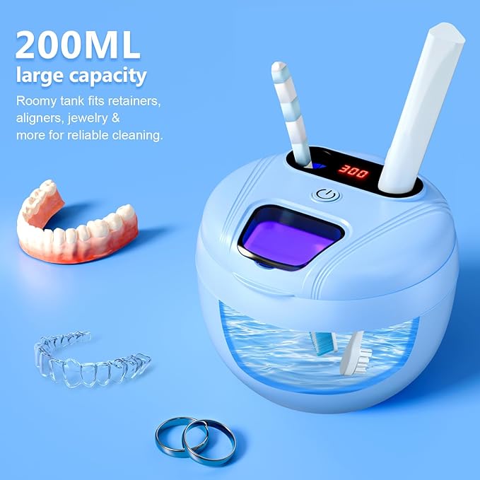 Dental Ultrasonic Retainer Cleaner Machine - Dental Cleaning Pod for Denture, Mouth Guard, Aligner, Night Guard, Braces, Toothbrush Heads, Jewelry, 45kHz Sonic Cleaner with Digital Timer & 200ML