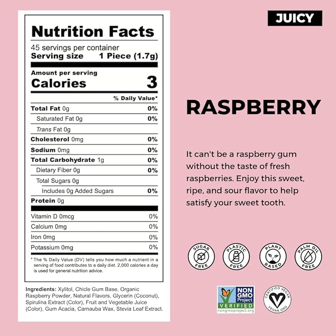 Refresh Gum Raspberry –Xylitol, Sugar Free Chewing Gum Pouches, Natural Flavor & Organic Ingredients – Aspartame Free, Plant-Based, Non-GMO – 45 Pieces Each, 3 Pack