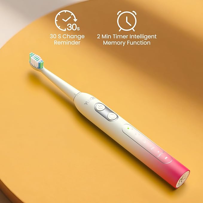 YUNCHI Electric Toothbrush for Adults and Kids, Rechargeable Battery Toothbrushes, 8 Brush Heads, 90 Days, 1 Travel Case, 2 Min Timer, IPX7 Waterproof, 5 Modes, Red Yellow Gradient