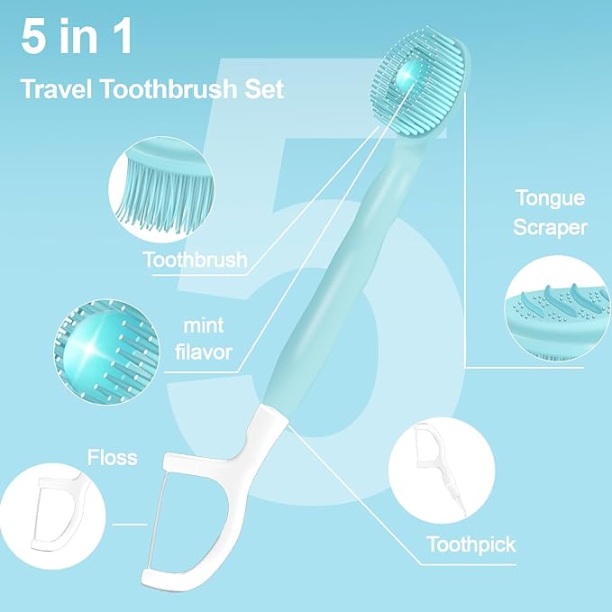 28 Packs Mini Brushes-Disposable Toothbrushes with Toothpaste+Tongue Scraper+Floss+Toothpick Individually Wrapped Prepasted Toothbrush Softex Bristles Travel Toothbrush (Mint)