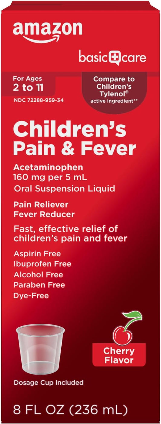 Amazon Basic Care Children's Pain and Fever, Acetaminophen 160 mg per 5 mL Oral Suspension, Dye-Free Cherry Flavor, Fever Reducer and Pain Reliever for Headache, Sore Throat and Toothache, 8 fl oz
