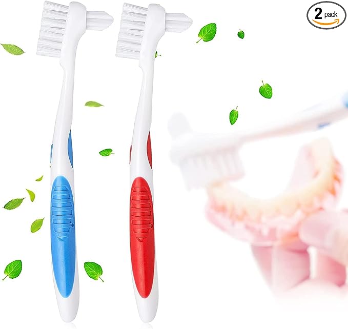 Y-Kelin Denture Brush Hard Bristles, Denture Toothbrush with Dual Head & Rubber Handle Non-Slip (Red+Blue, 2 Pcs)