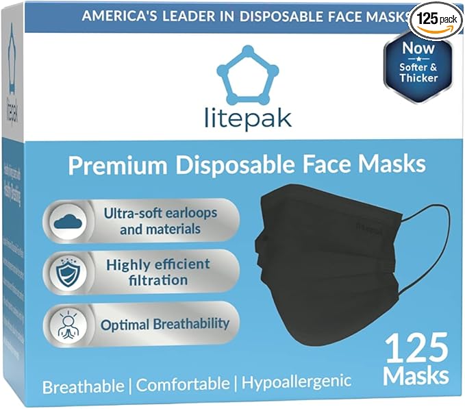Litepak 125-Pack Disposable Face Mask Premium Comfort Earloops with Dispenser Box (Black)