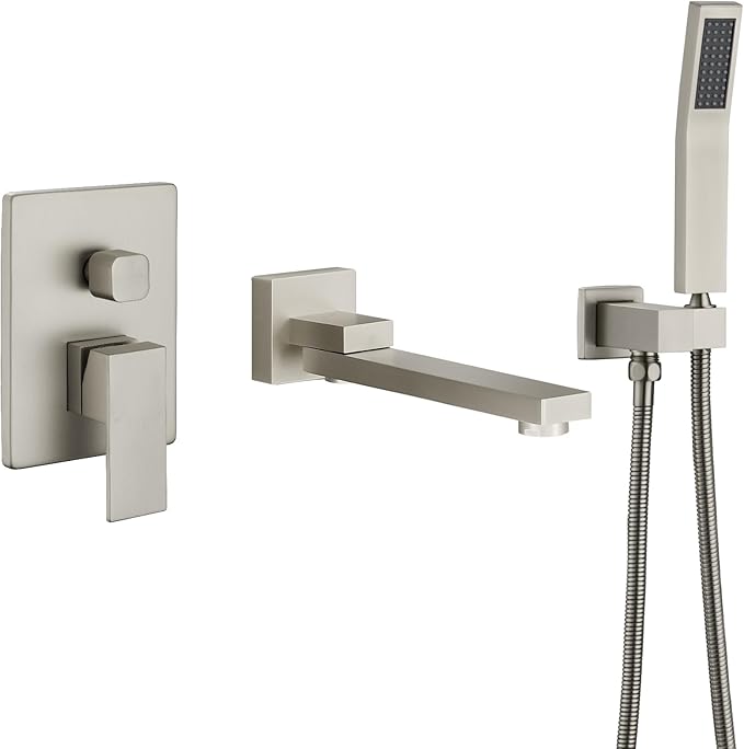 DASAN Swiveling Wall Mount Tub Filler Faucet Set with Hand Held Shower, Brushed Nickel Modern Creative Bathtub Faucet Wall Mounted Bath Tub Faucet with High Flow Rough in Valve, SA-TF05WH-BN