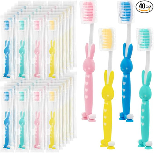 Kids for Toothbrushes In Bulk, Individually Wrapped Toothbrush Cute Manual Soft Bristles Children Disposable Toothbrush With Cover Suction Cup Toddler Toiletries Set for Home/School/Travel (40 Pack)