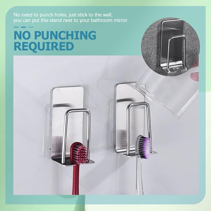 Gatuida Stainless Steel Toothbrush Holders Wall Mounted 2pcs Adhesive Electric Toothbrush Rack for Bathroom Cup Organizer