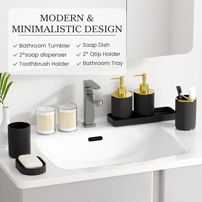 Black Gold Bathroom Accessories Set, 10PC Bathroom Set, Bath Accessory with Pop Up Trash Can, Soap Dispenser, Toilet Brush, Toothbrush Set Qtip Holders & Tray
