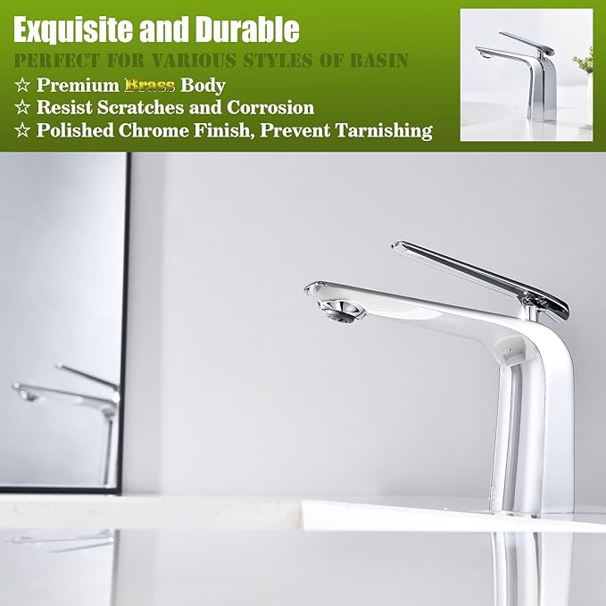 TOCALOCA Bathroom Sink Faucet Chrome Single Handle 1 Hole Vanity Sink Faucet Cold and Hot Water Mixer Tap, Single Lever Lavatory Faucet