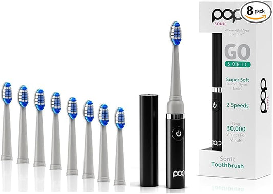 Pop Sonic Electric Toothbrush (Black + 8 Brush Heads) - Travel Toothbrushes w/AAA Battery | Kids Electric Toothbrushes with 2 Speed & 15,000-30,000 Strokes/Minute, Dupont Nylon Bristles