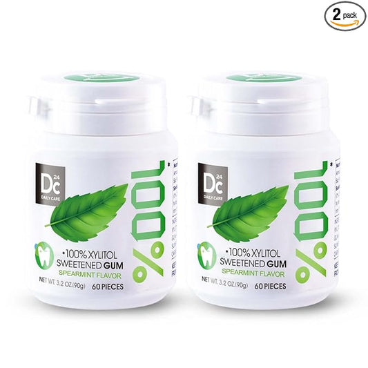 DC24 DAILY CARE 100% Xylitol Gum, No Aspartame, Sugar Free Chewing Gum, Natural Spearmint Flavor, Gluten Free, Vegan, 60 Pieces, Pack of 2