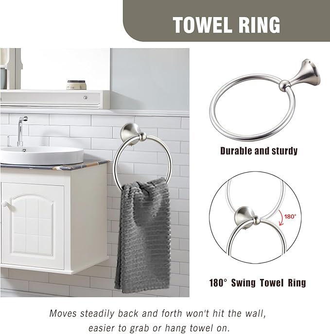 4-Piece Bathroom Hardware Set: Brushed Nickel Bathroom Accessory Set, Towel Bar,Towel Ring,Toilet Paper Holder,Robe Hook, Wall Mounted,Optional Install Longer or Shorter Towel bar