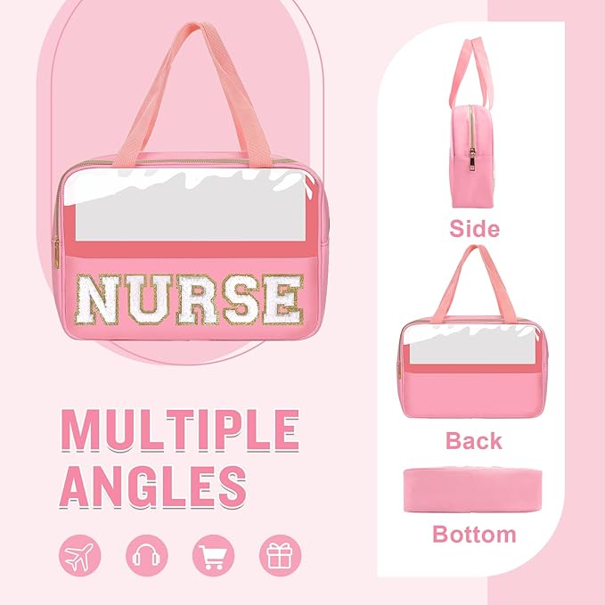 Nurses Week Gifts Chenille Letter Clear NURSE Makeup Bag for Women,Preppy Nurse Cosmetic Pouch Zipper with Handle Nurse Essentials Bag for Work Supplies,Travel Waterproof Toiletry Storage(NURSE-Pink)