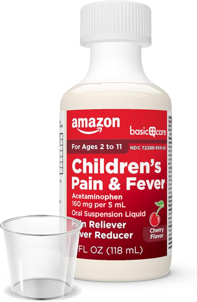 Amazon Basic Care Children's Pain Reliever & Fever Reducer, Acetaminophen 160 mg per 5 mL Oral Suspension Liquid, Dye-Free Cherry Flavor, 4 fl oz (Pack of 1)