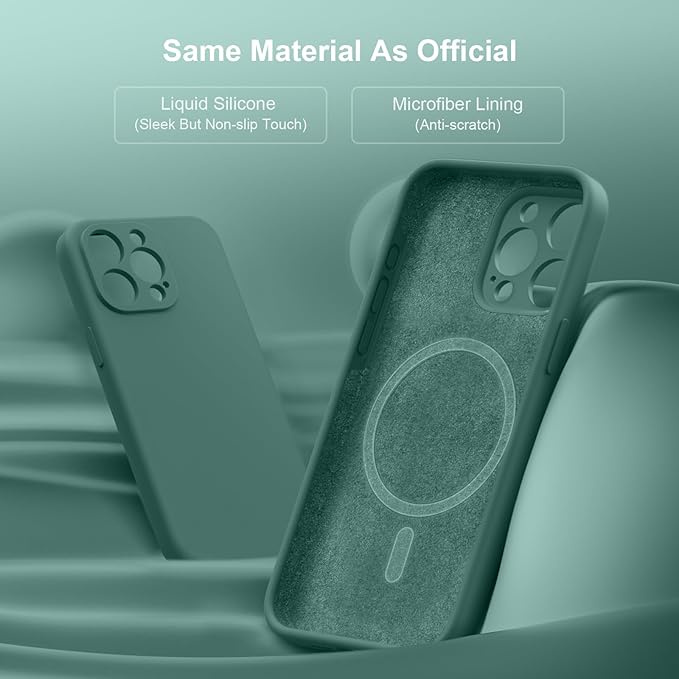 Magnetic for iPhone 15 Pro Case, Compatible with MagSafe, with 9H Nano Screen Protectors, Full Camera Protection, Silicone Shockproof Microfiber Lining Phone Case 6.1", Midnight Green
