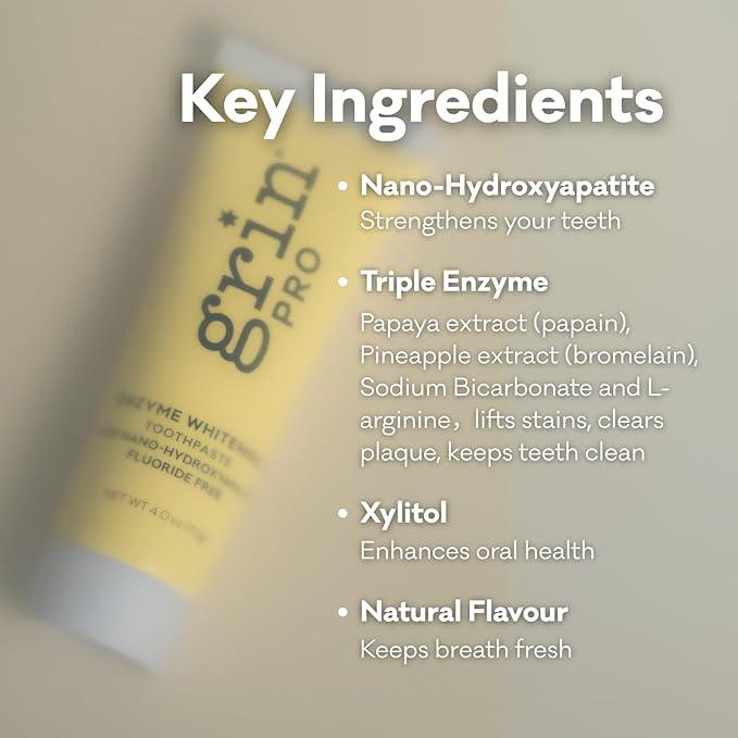 Grin Pro Enzyme Whitening with Nano Hydroxyapatite Toothpaste, Fluoride Free, Reduce Plaque Biofilms, Promoting Cleaner, Whiter Teeth, 113g Natural Ingredients New Zealand Manufactured