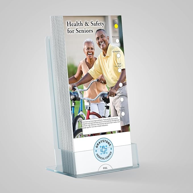 ZOCO - Health & Safety for Seniors Slide Chart - Custom Promotional Item (Pack of 250) - Medications, Exercise, Mental Wellness - Doctor’s Office, Clinics, Nursing Homes Handout - 3.75 x 8.5 in.