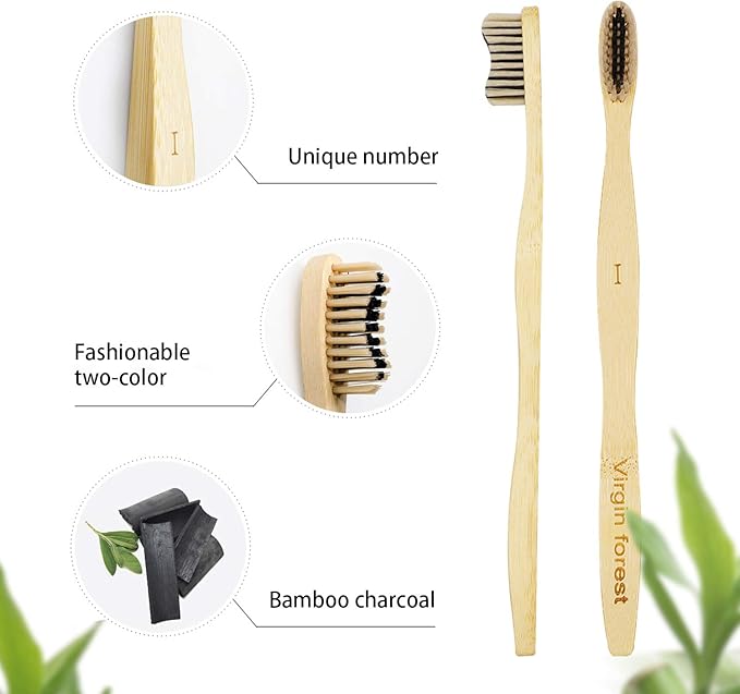 Eco-Friendly Bamboo Toothbrushes - 6 Pack Biodegradable with Charcoal Soft Bristles | Sustainable Dental Care