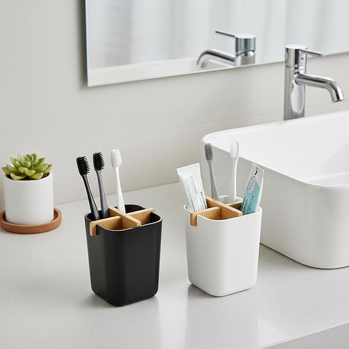 Bamboo Toothbrush Holder 4 Slots Toothpaste Toothbrush Holder for Bathroom Easy Cleaning Detachable (White)