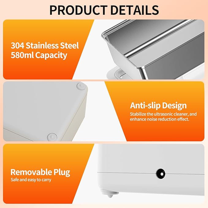 Portable Ultrasonic Cleaner Machine - 50KHz Jewelry Cleaner Ultrasonic Machine with 3 Timer Modes, Ultrasonic Jewelry Cleaner for Jewelry, Eyeglasses, Rings, Watches, Dentures, Retainer, Razors