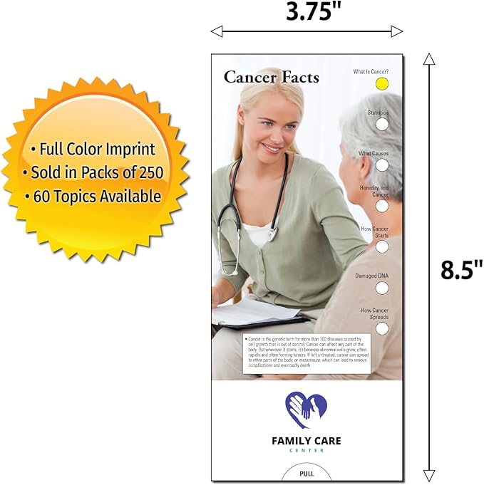 ZOCO - Cancer Facts Slide Chart - Custom Promotional Item (Pack of 250) - Symptoms, Detection, Treatment Guide - Doctor’s Office, Clinics, Pharmacies Handout, Brochure, Pamphlet - 3.75 x 8.5 in.