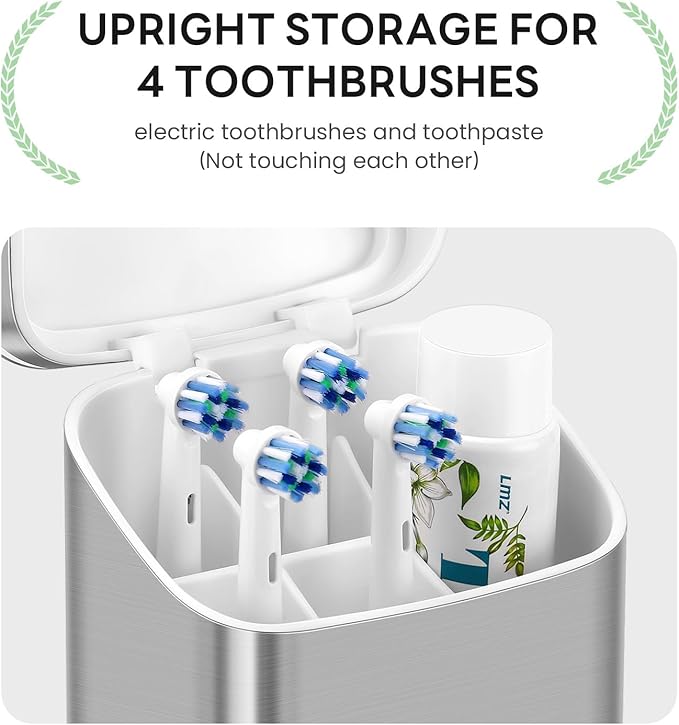 Toothbrush Holders with Cover - Electric Toothbrush Length Less Than 10 inches, 5 Slots Tooth Brush Holder for Bathroom, Detachable Toothpaste Holder Bathroom Organizers with Drainage, Silver