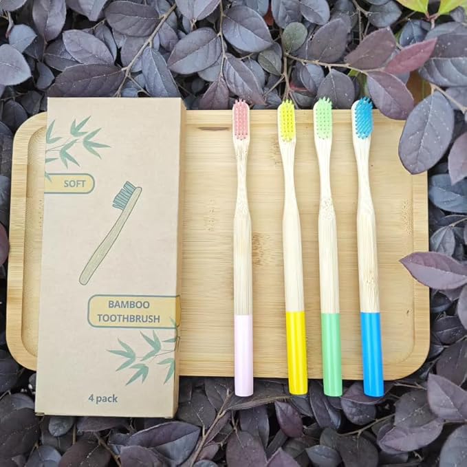Bamboo Toothbrush Soft Bristles 4 Pack – Eco-Friendly, Natural Wooden Handle, BPA-Free, Vegan, Biodegradable, Plastic-Free Packaging, Family Set