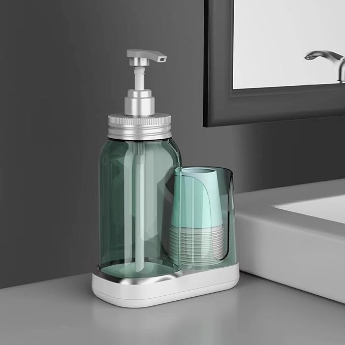 Luvan Mouthwash Dispenser for Bathroom, 25oz Mouthwash Pump Bottle with Cup Holder, Refillable Clear Blue Mouth Wash Container for All Age Groups, Large Capacity Bathroom Mouthwash Holder Set