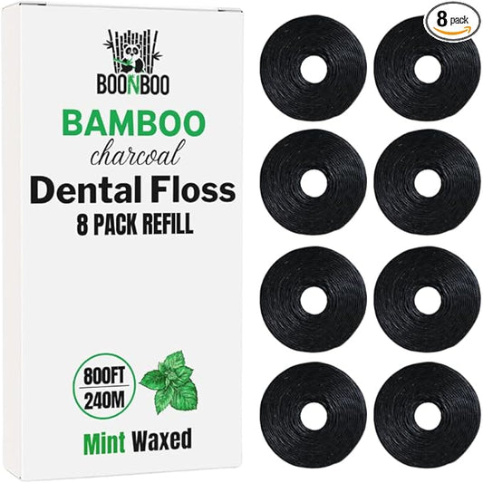 BOONBOO Dental Floss Refill Rolls, Charcoal Woven Thread, 8 Pack, Mint