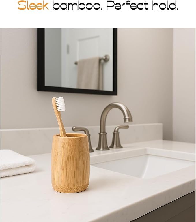 Natural Bamboo Toothbrush Holder, Simple Minimal Cylindrical Tumbler for Bathroom Countertop, Unbreakable Makeup Brush or Pen Organizer, Desktop Accessory