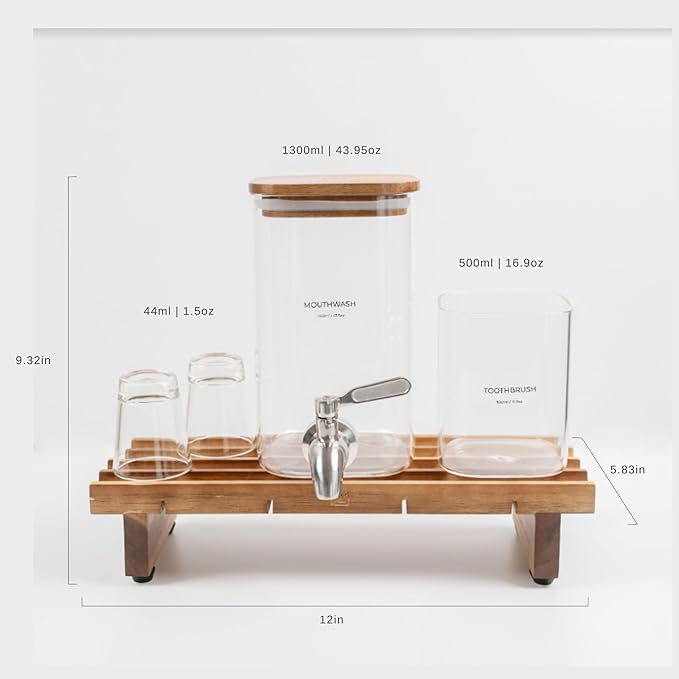 Glass Mouthwash Dispenser for Bathroom Decor with Bathroom Cups, Glass Electric Toothbrush Holder and Wooden Tray – Minimalist Bathroom Accessories for Home Decor - ZUTT