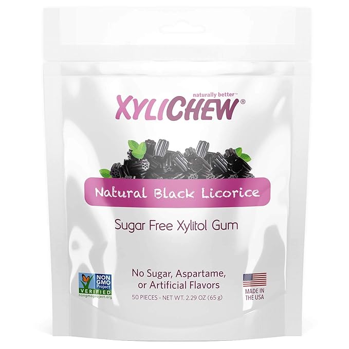 Xylichew 100% Xylitol Chewing Gum - Non GMO, Non Aspartame, Gluten Free, and Sugar Free Gum - Natural Oral Care, Relieves Bad Breath and Dry Mouth - Licorice, 50 Count