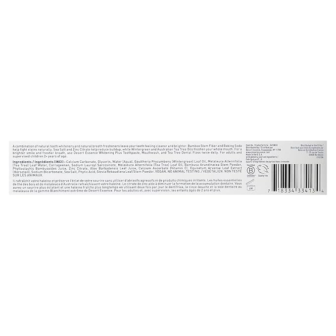Desert Essence Tea Tree Oil Whitening Plus Toothpaste - 6.25 Oz - Antiseptic Tea Tree Oil - Zinc Citrate - Baking Soda - Freshens Breath - Reduced Plaque - Fluoride Free