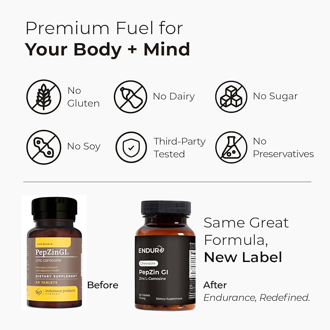 Endur PepZinGI ZINC-CARNOSINE Chewables, Digestive Supplement, Gentle & Effective Formula for Digestive Wellness, Gluten Free, 75mg (60 Tablets)