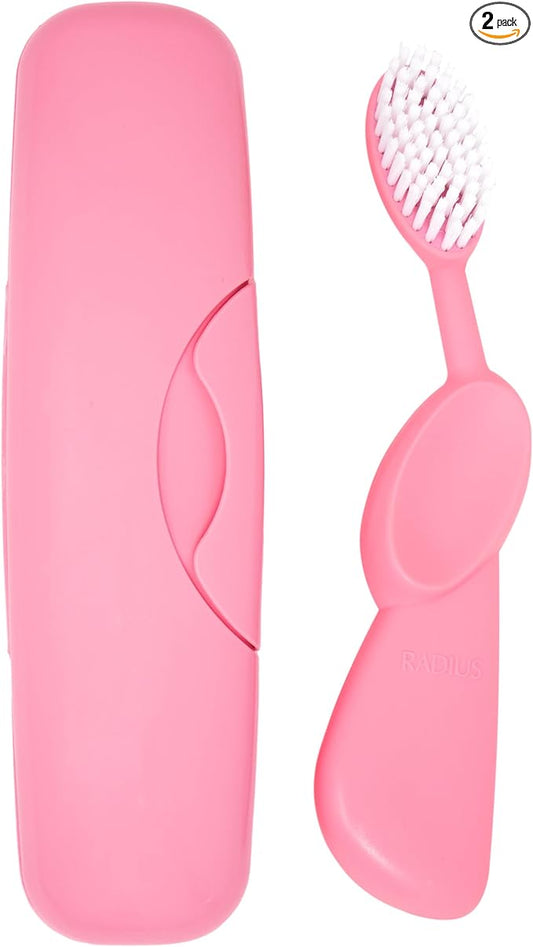 RADIUS Toothbrush Original Big Brush, BPA Free ADA Accepted - Left Hand - Pink Brush with Pink Case