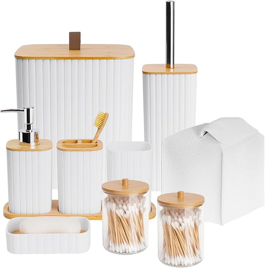 Bathroom Accessory Set - 10 Piece White Bathroom Sets Complete with Trash Can, Toothbrush Holder & Cup, Soap Dispenser, Soap Dish, Toilet Brush & Holder, Vanity Tray, Qtip Holder, Tissue Box Cover