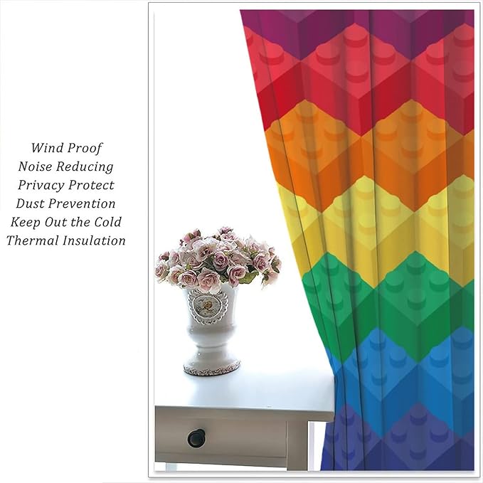 Colorful Building Blocks Cartoon Toy Printed Curtains, Bedroom, Living Room, Architecture, Curtains, Fun Brick 3D Design Curtains, Children's Living Room, Window Treatment Panels 2 Panels 42x45in
