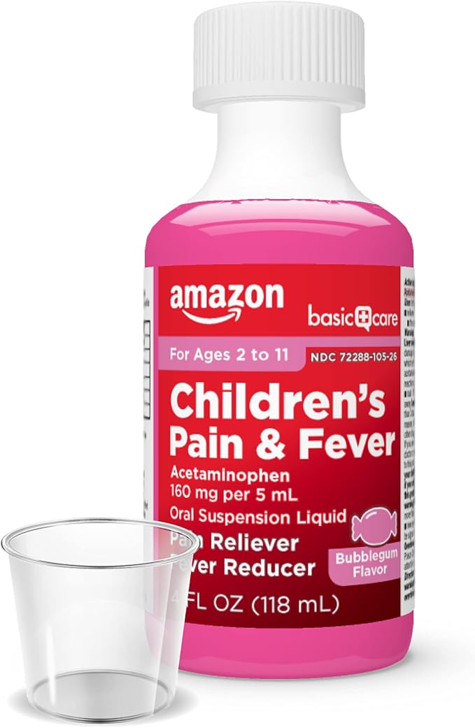 Amazon Basic Care Children's Pain Reliever Oral Suspension Liquid, Bubblegum Flavor, Acetaminophen 160 mg per 5 ml, Effective, Fever Reducer for Age 2-11 Years, Red, 4 fl oz (Pack of 1)