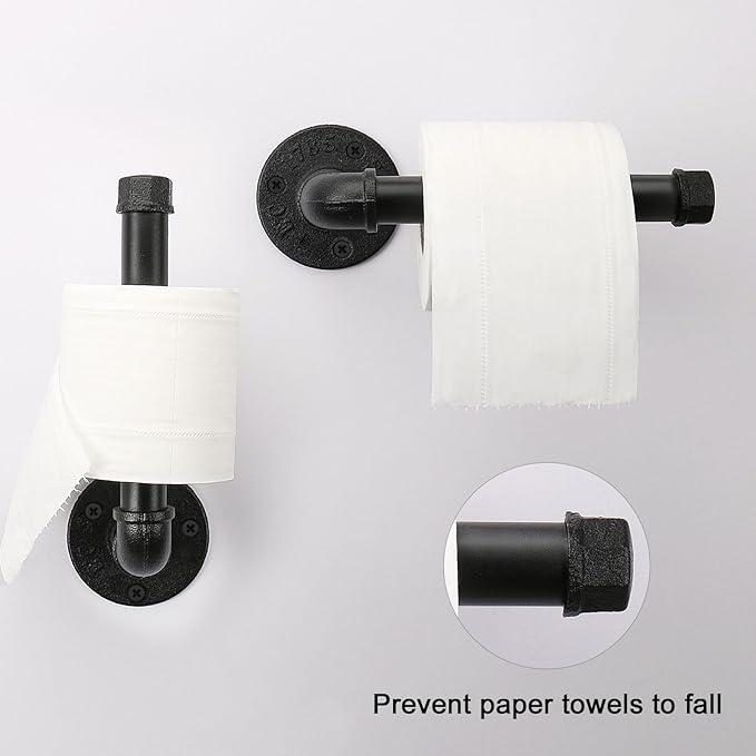 Industrial Pipe Toilet Paper Holder, Heavy Duty DIY Vintage Rustic Iron Farmhouse Style Roll Tissue Wall Mount Paper Holder Towel Racks with Hardware for Bathroom, Kitchen, Bedroom (1, Black)