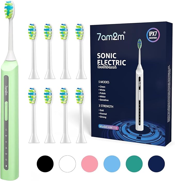 7AM2M Sonic Electric Toothbrush, High Power Rechargeable Toothbrushes, with 8 Brush Heads for Adults and Kids, 15 Adjustable Modes, Built-in 2-Minute Smart Timer, 4 Hours Fast Charge (Light Green)