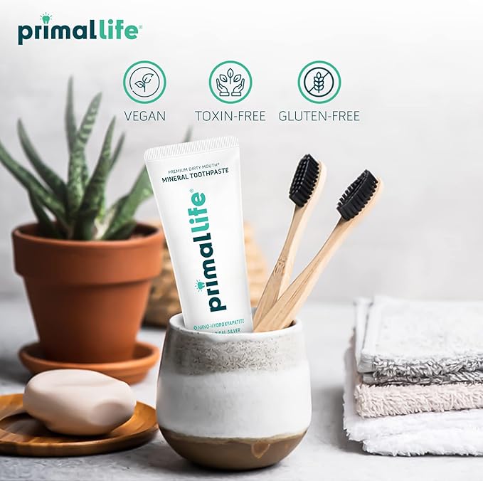 Primal Life Organics Premium Dirty Mouth Mineral Toothpaste - Nano-Hydroxyapatite, Colloidal Silver, Charcoal - Organic, All Natural Whitening Formula (Bubblegum Flavor, 4oz)
