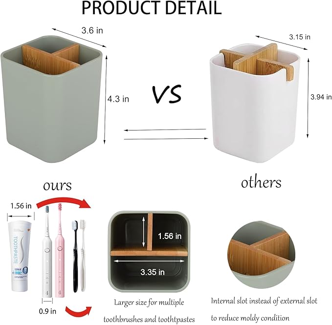 Bamboo Toothbrush Holder for Bathrooms, 3 Slots Kids Toothbrush and Toothpaste Holder Bathroom Countertop Organizer for Electric Toothbrushes, Floss, Razors - Green