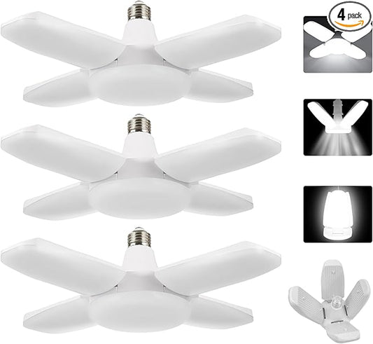 YWD 4Pack LED Garage Lights,60W Deformable Led Light 6000LM E26/E27 Daylight 6500K Super Bright Light Adjustable for Garage,Workbench,Barn,Warehouse