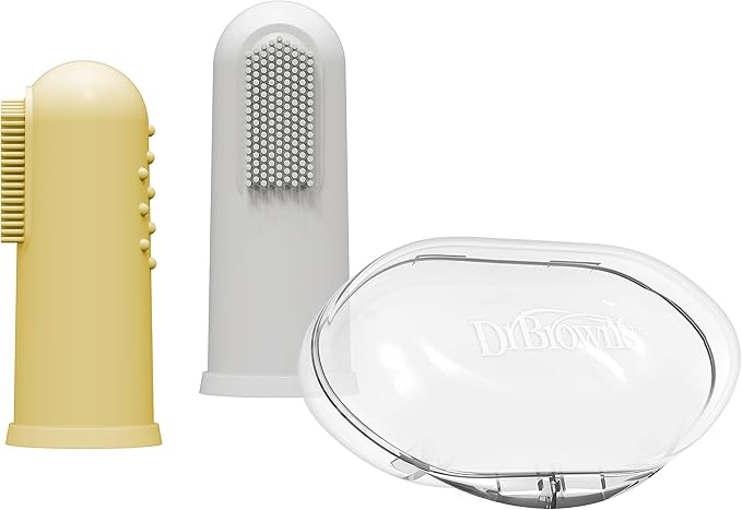 Dr. Brown's Silicone Finger Toothbrush for Baby with Travel-Storage Case, 3m+, Gray and Yellow, 2-Pack