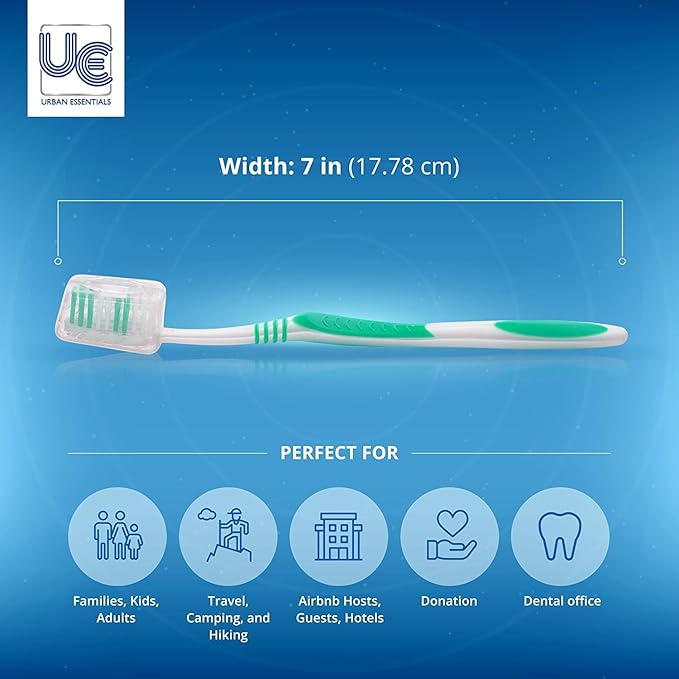 Urban Essentials Bulk Toothbrush Package with Covers | Premium Quality Individually Wrapped Colorful Tooth Brushes | Medium Soft Toothbrush Hygienic Cap for Donations, Travel, Hotels (250 Pack)